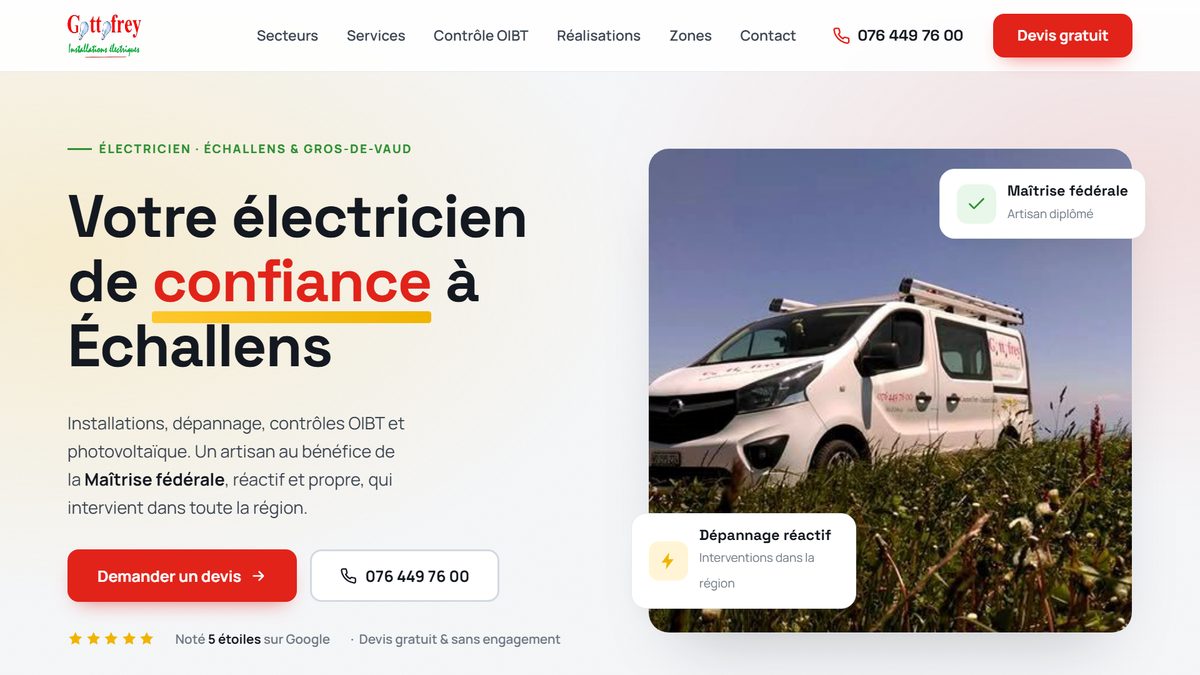 Page d'accueil du site de Gottofrey Électricité, électricien à Échallens